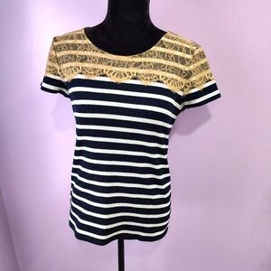 Ann Taylor Lace Embellished Navy Blue White Striped Shirt Size Medium